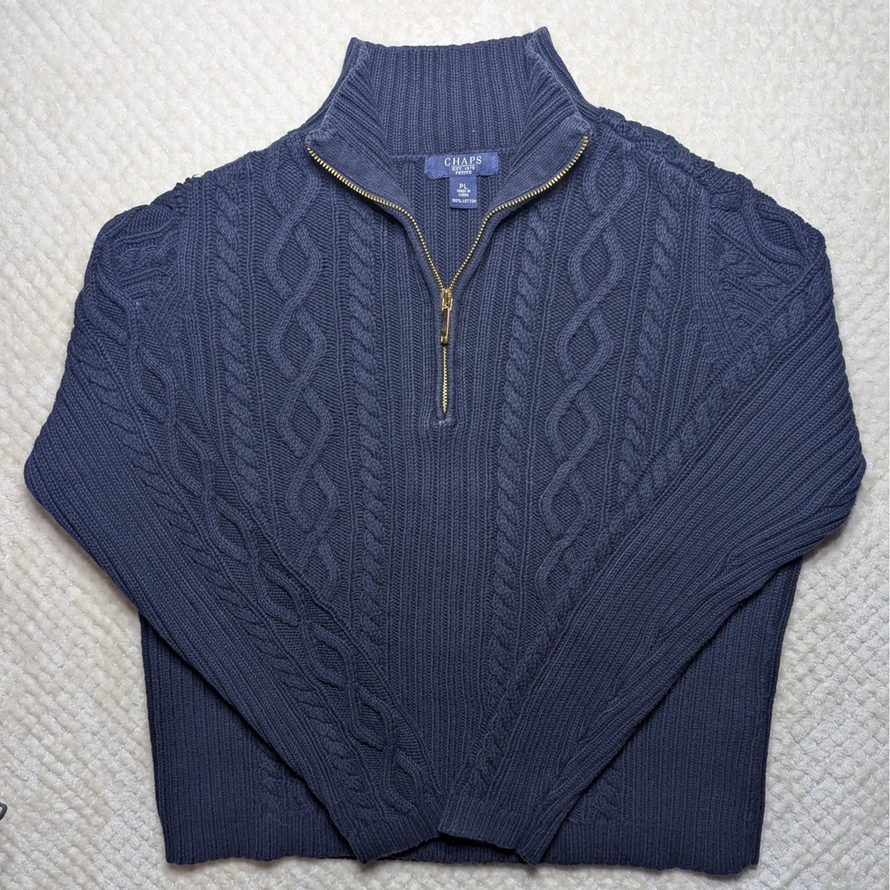 Chaps Womens Navy Blue 100% Cotton Cable Knit Quarter Zip Sweater Petite Large